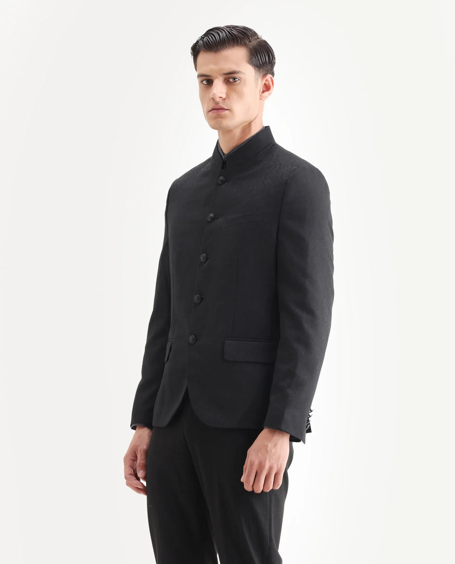 Rare Rabbit Men's Utica Black Polyester Jacquard Tailored Fit Full Sleeve Mandarin Collar Bandhgala Jodhpuri