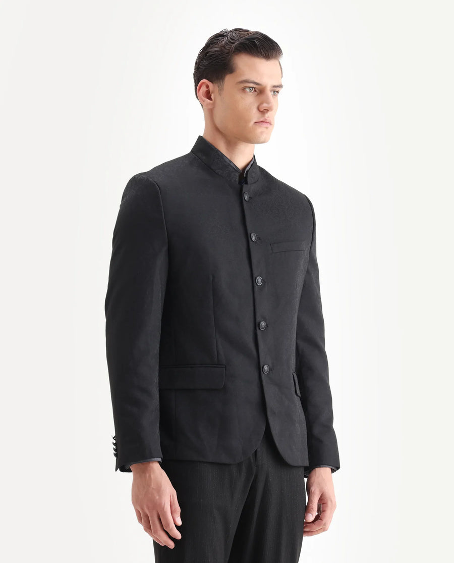 Rare Rabbit Men's Utica Black Polyester Jacquard Tailored Fit Full Sleeve Mandarin Collar Bandhgala Jodhpuri