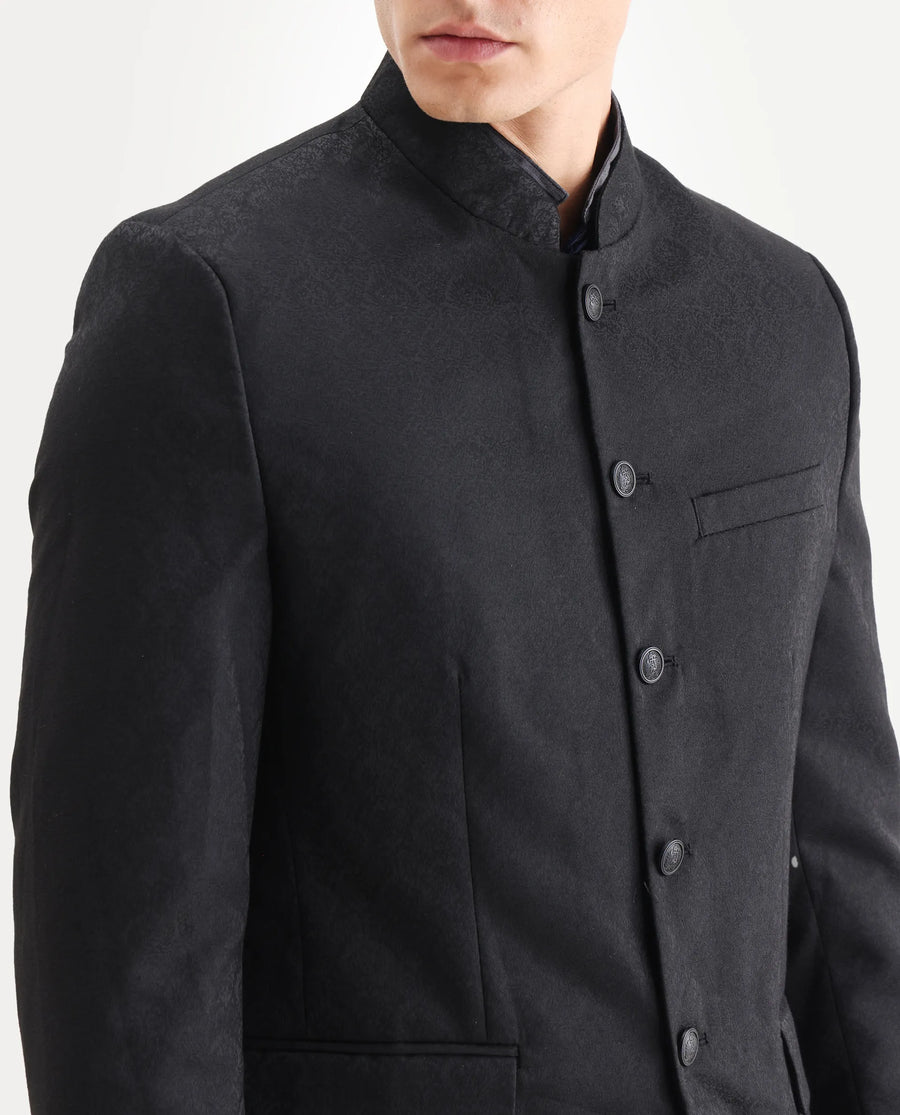 Rare Rabbit Men's Utica Black Polyester Jacquard Tailored Fit Full Sleeve Mandarin Collar Bandhgala Jodhpuri