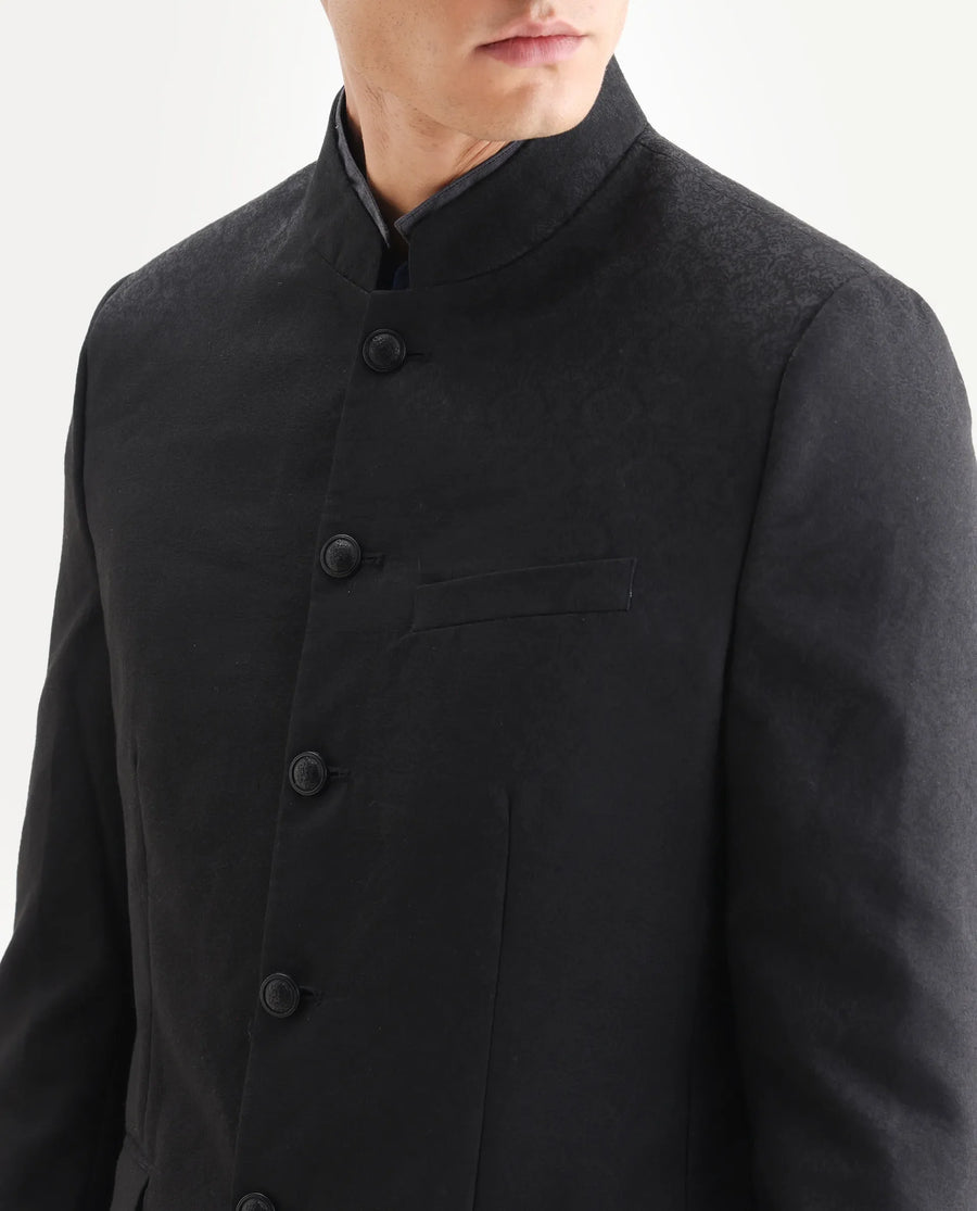 Rare Rabbit Men's Utica Black Polyester Jacquard Tailored Fit Full Sleeve Mandarin Collar Bandhgala Jodhpuri