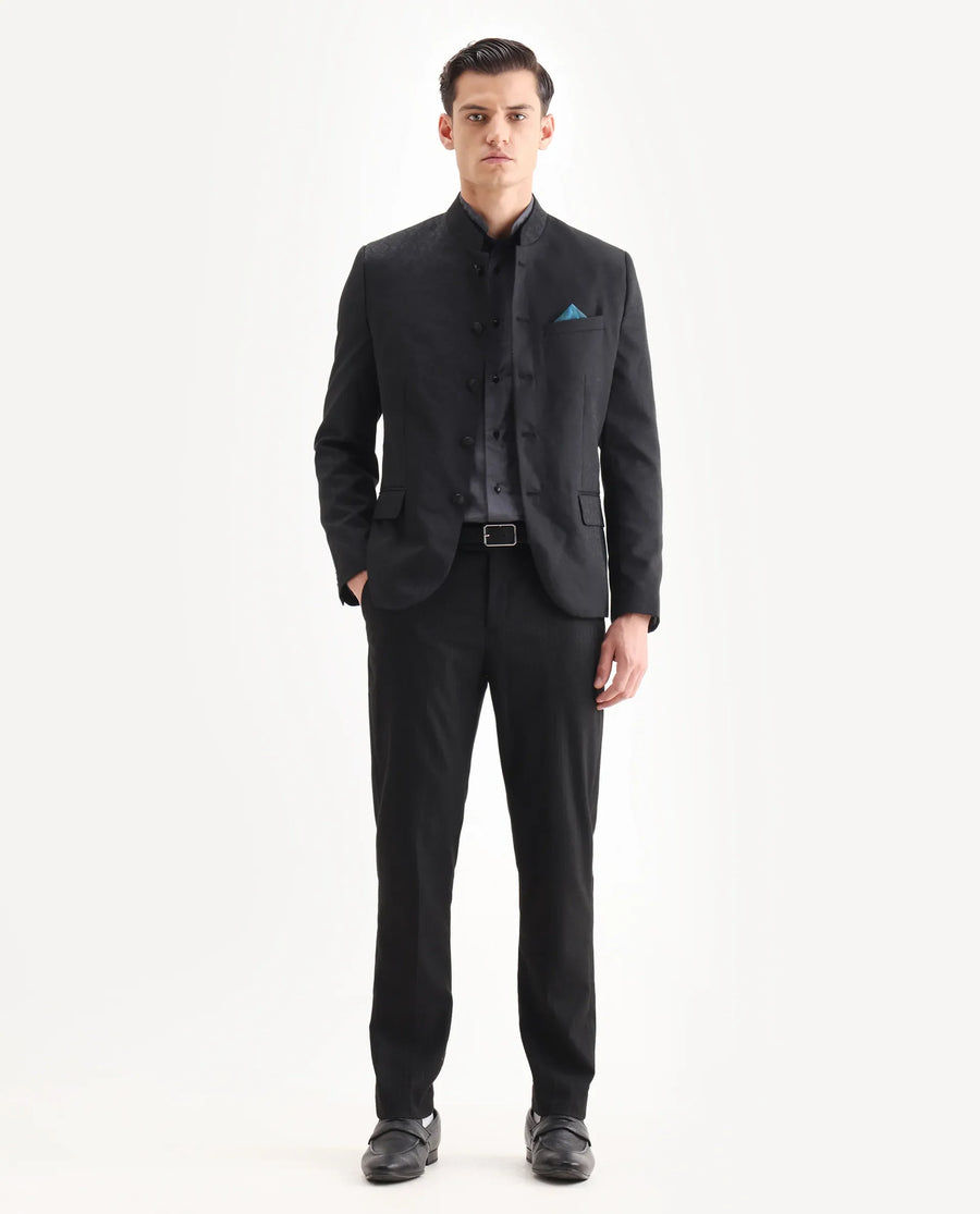 Rare Rabbit Men's Utica Black Polyester Jacquard Tailored Fit Full Sleeve Mandarin Collar Bandhgala Jodhpuri