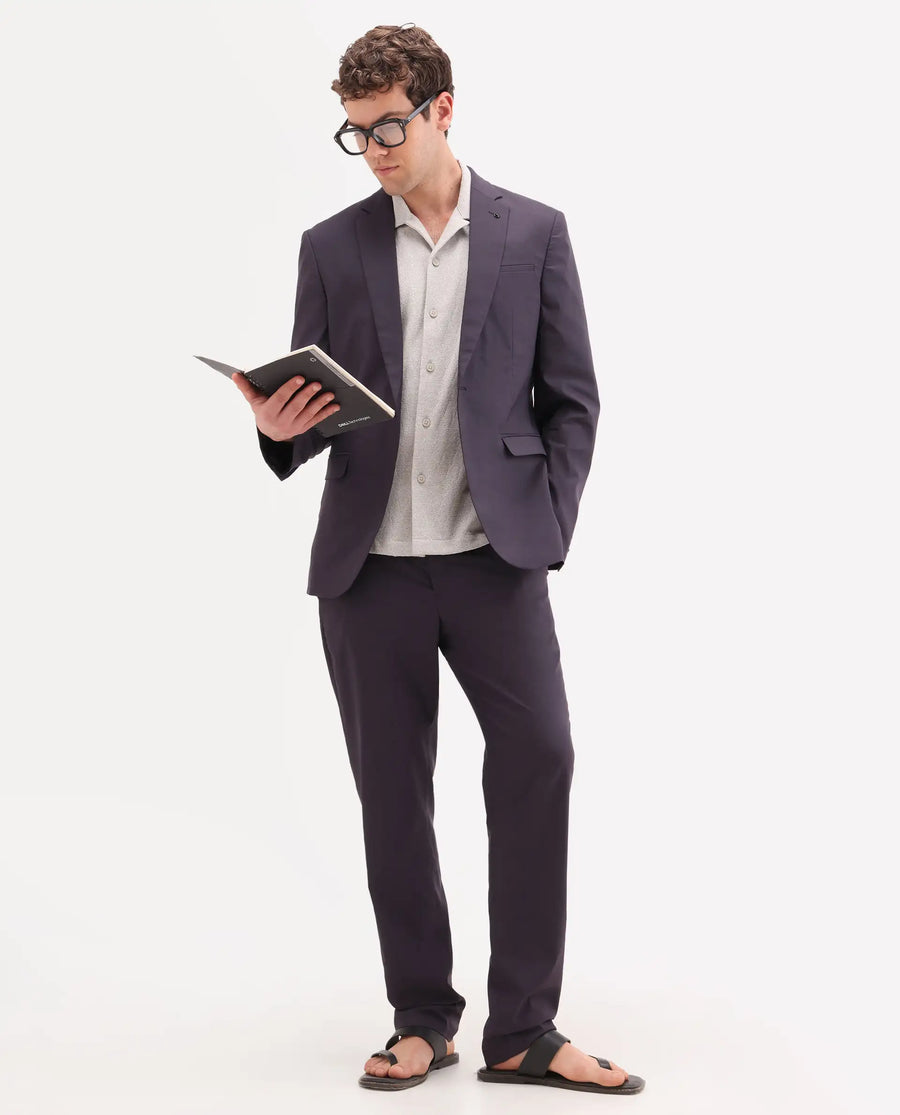 Rare Rabbit Men's Oscar Dark Purple Polyester Plain Tailored Fit Full Sleeve Lapel Neck Suits