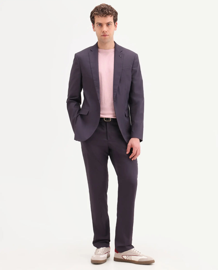 Rare Rabbit Men's Oscar Dark Purple Polyester Plain Tailored Fit Full Sleeve Lapel Neck Suits