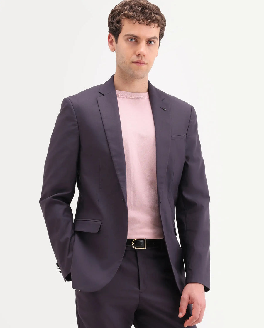 Rare Rabbit Men's Oscar Dark Purple Polyester Plain Tailored Fit Full Sleeve Lapel Neck Suits