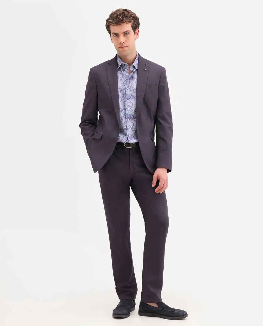 Rare Rabbit Men's Oscar Dark Purple Polyester Plain Tailored Fit Full Sleeve Lapel Neck Suits