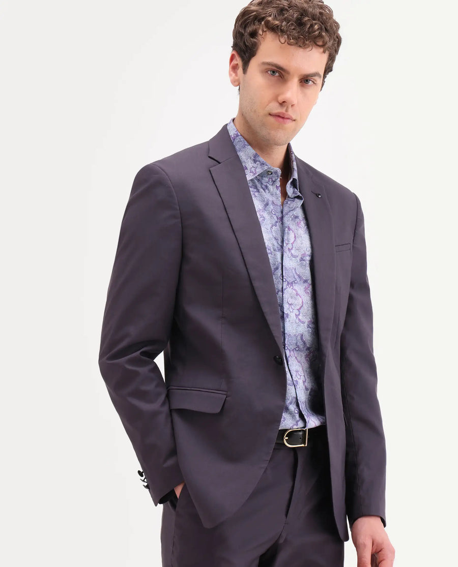 Rare Rabbit Men's Oscar Dark Purple Polyester Plain Tailored Fit Full Sleeve Lapel Neck Suits