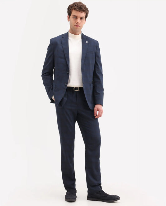 Rare Rabbit Men's Mack Dark Navy Polyester Checked Print Tailored Fit Full Sleeve Lapel Neck Suits