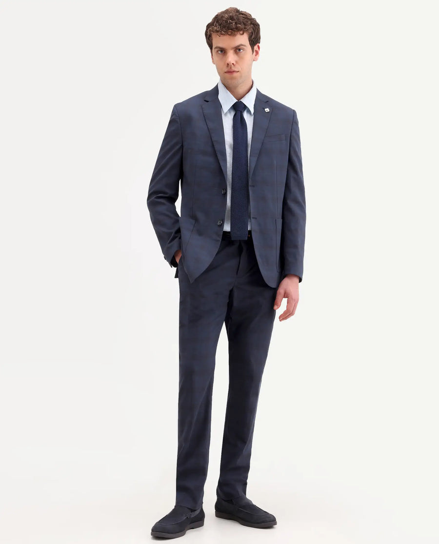Rare Rabbit Men's Mack Dark Navy Polyester Checked Print Tailored Fit Full Sleeve Lapel Neck Suits