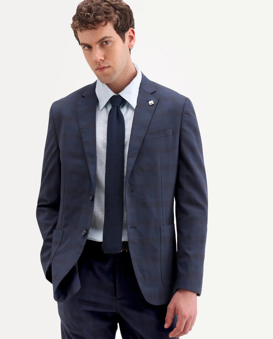 Rare Rabbit Men's Mack Dark Navy Polyester Checked Print Tailored Fit Full Sleeve Lapel Neck Suits