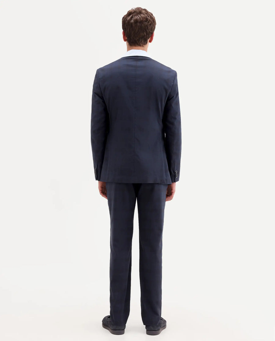 Rare Rabbit Men's Mack Dark Navy Polyester Checked Print Tailored Fit Full Sleeve Lapel Neck Suits