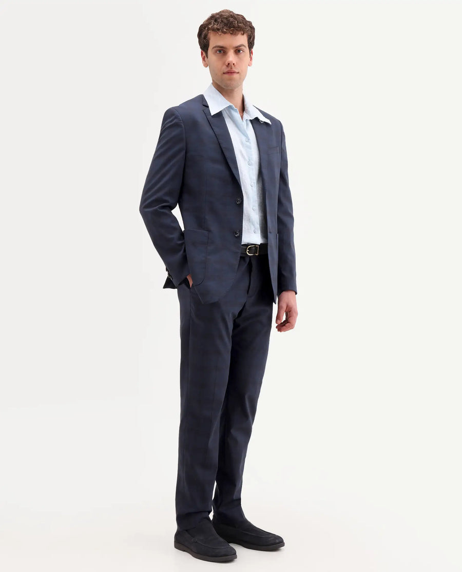 Rare Rabbit Men's Mack Dark Navy Polyester Checked Print Tailored Fit Full Sleeve Lapel Neck Suits