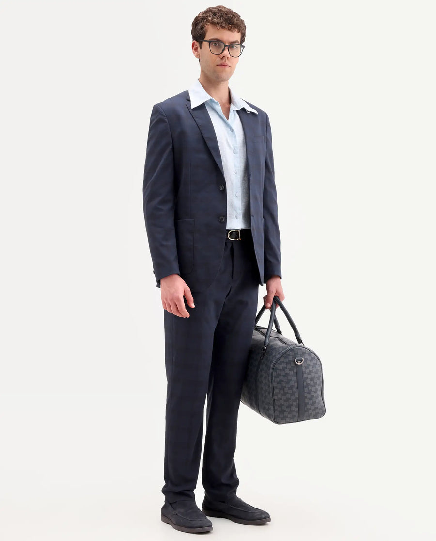 Rare Rabbit Men's Mack Dark Navy Polyester Checked Print Tailored Fit Full Sleeve Lapel Neck Suits