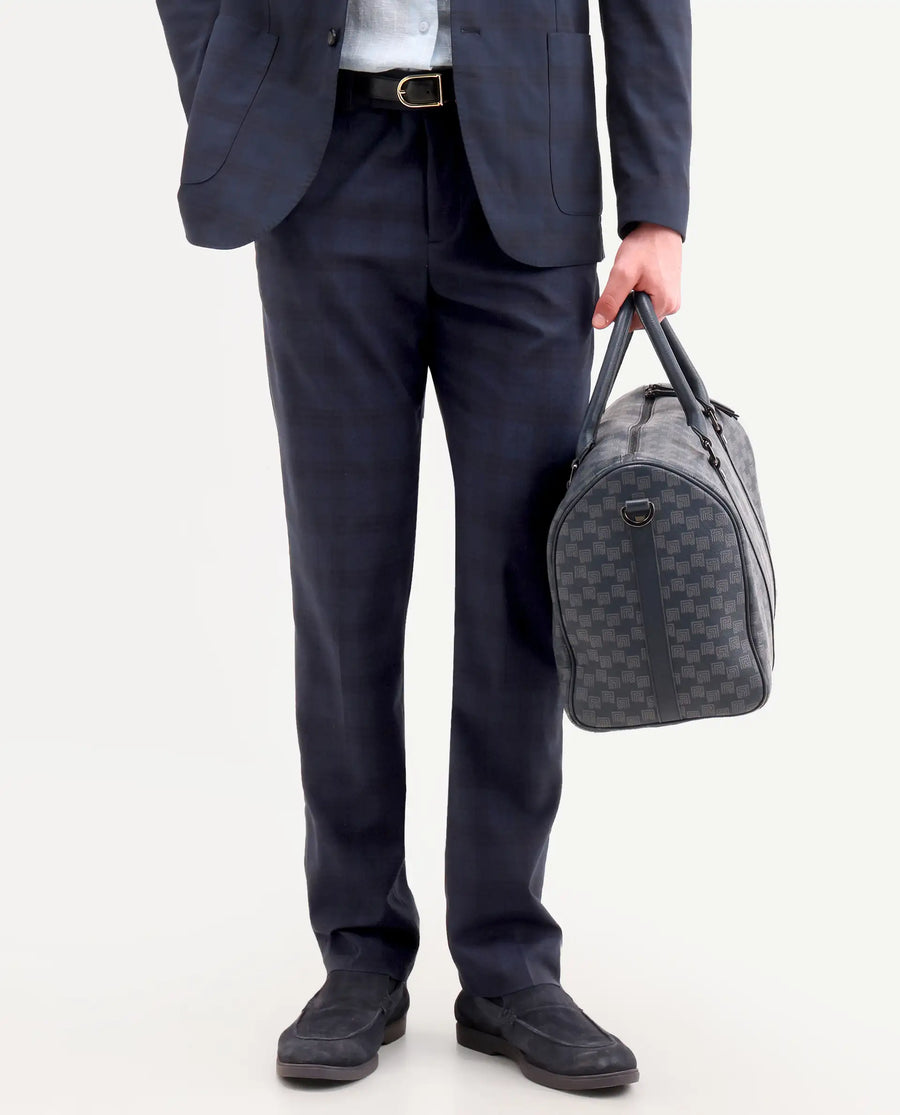 Rare Rabbit Men's Mack Dark Navy Polyester Checked Print Tailored Fit Full Sleeve Lapel Neck Suits