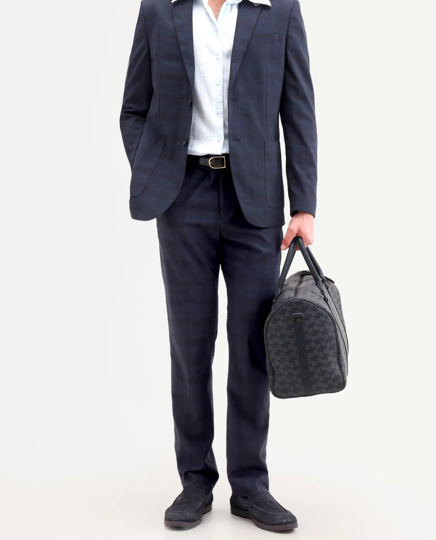 Rare Rabbit Men's Mack Dark Navy Polyester Checked Print Tailored Fit Full Sleeve Lapel Neck Suits