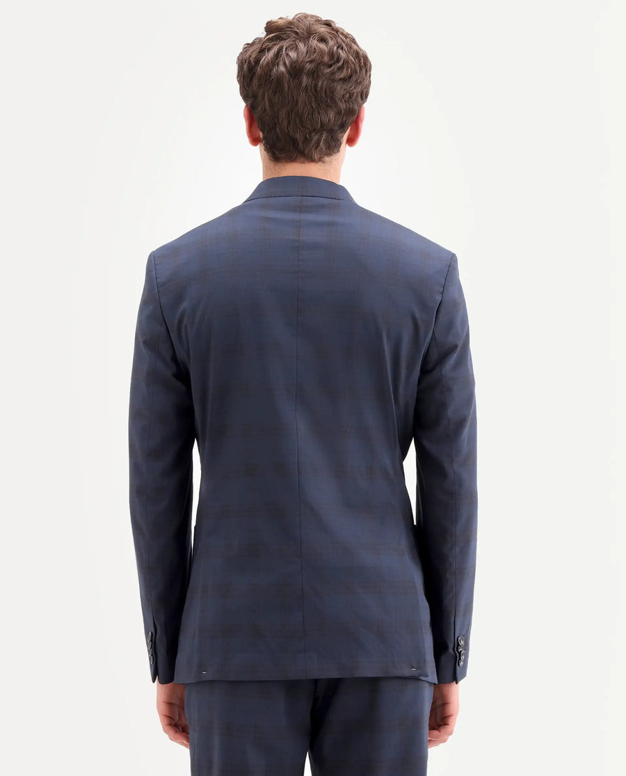Rare Rabbit Men's Mack Dark Navy Polyester Checked Print Tailored Fit Full Sleeve Lapel Neck Suits