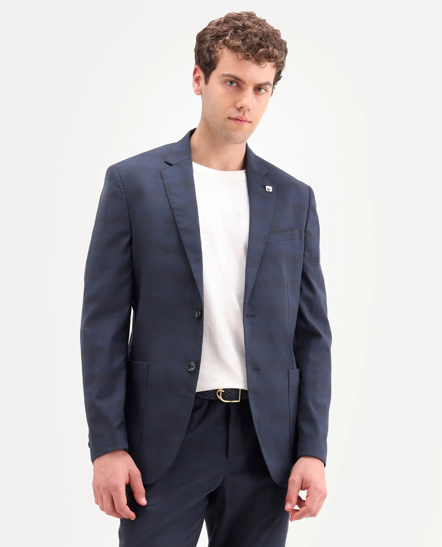 Rare Rabbit Men's Mack Dark Navy Polyester Checked Print Tailored Fit Full Sleeve Lapel Neck Suits