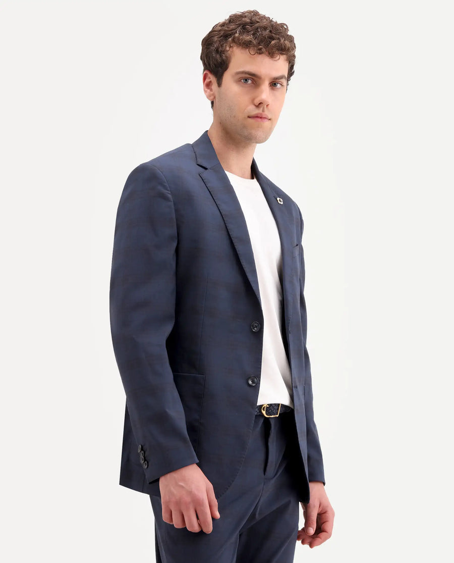 Rare Rabbit Men's Mack Dark Navy Polyester Checked Print Tailored Fit Full Sleeve Lapel Neck Suits