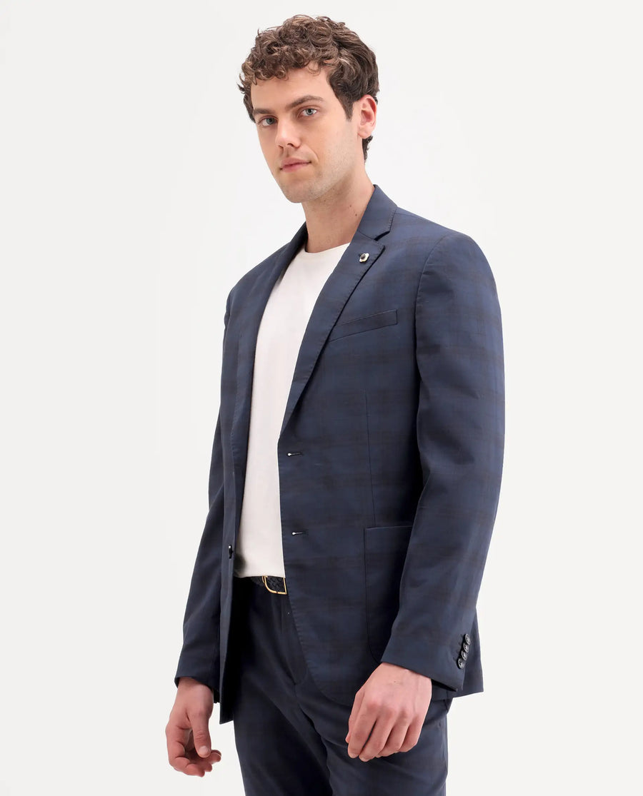 Rare Rabbit Men's Mack Dark Navy Polyester Checked Print Tailored Fit Full Sleeve Lapel Neck Suits
