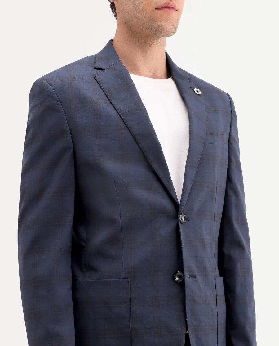 Rare Rabbit Men's Mack Dark Navy Polyester Checked Print Tailored Fit Full Sleeve Lapel Neck Suits
