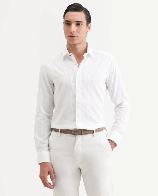 Rare Rabbit Men's Lurtz-1 White Cotton Striped Print Tailored Fit Full Sleeve Spread Collar Shirt