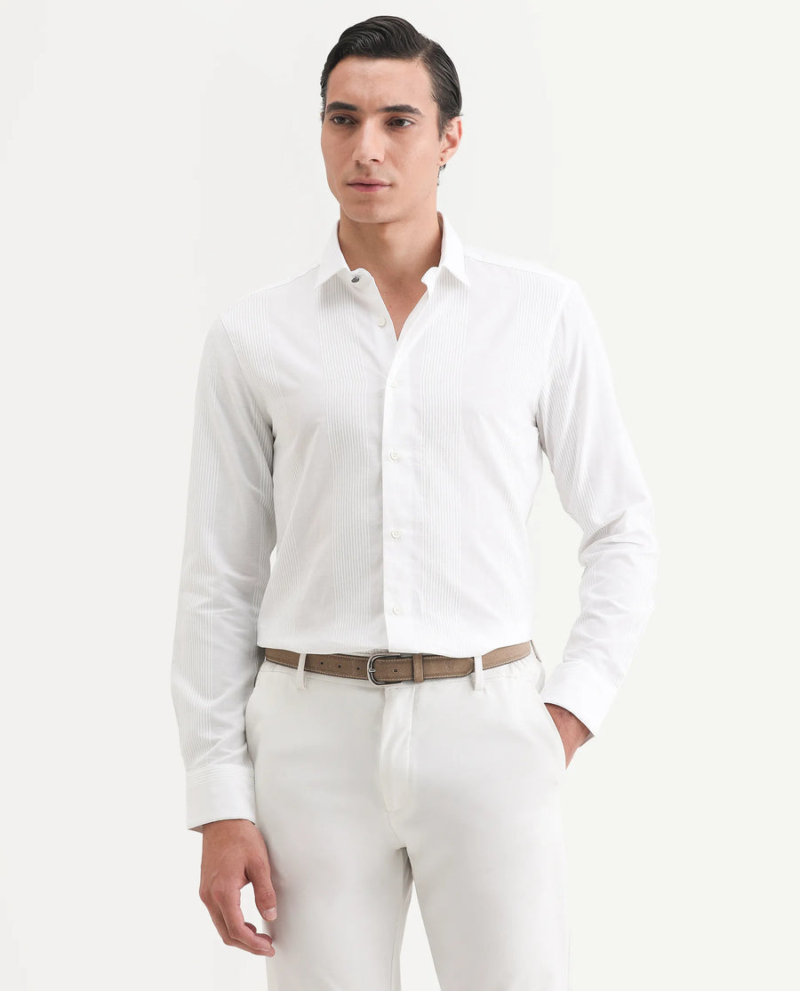Rare Rabbit Men's Lurtz-1 White Cotton Striped Print Tailored Fit Full Sleeve Spread Collar Shirt