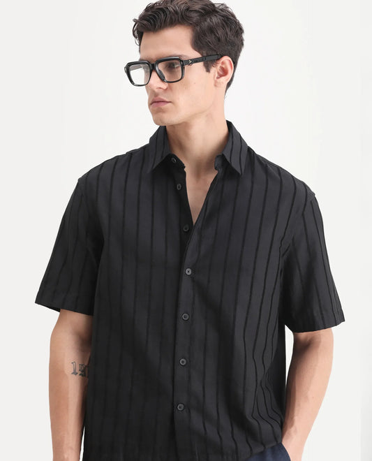 Rare Rabbit Men's Croy Black Polyester Striped Print Boxy Fit Half Sleeve Collared Shirt