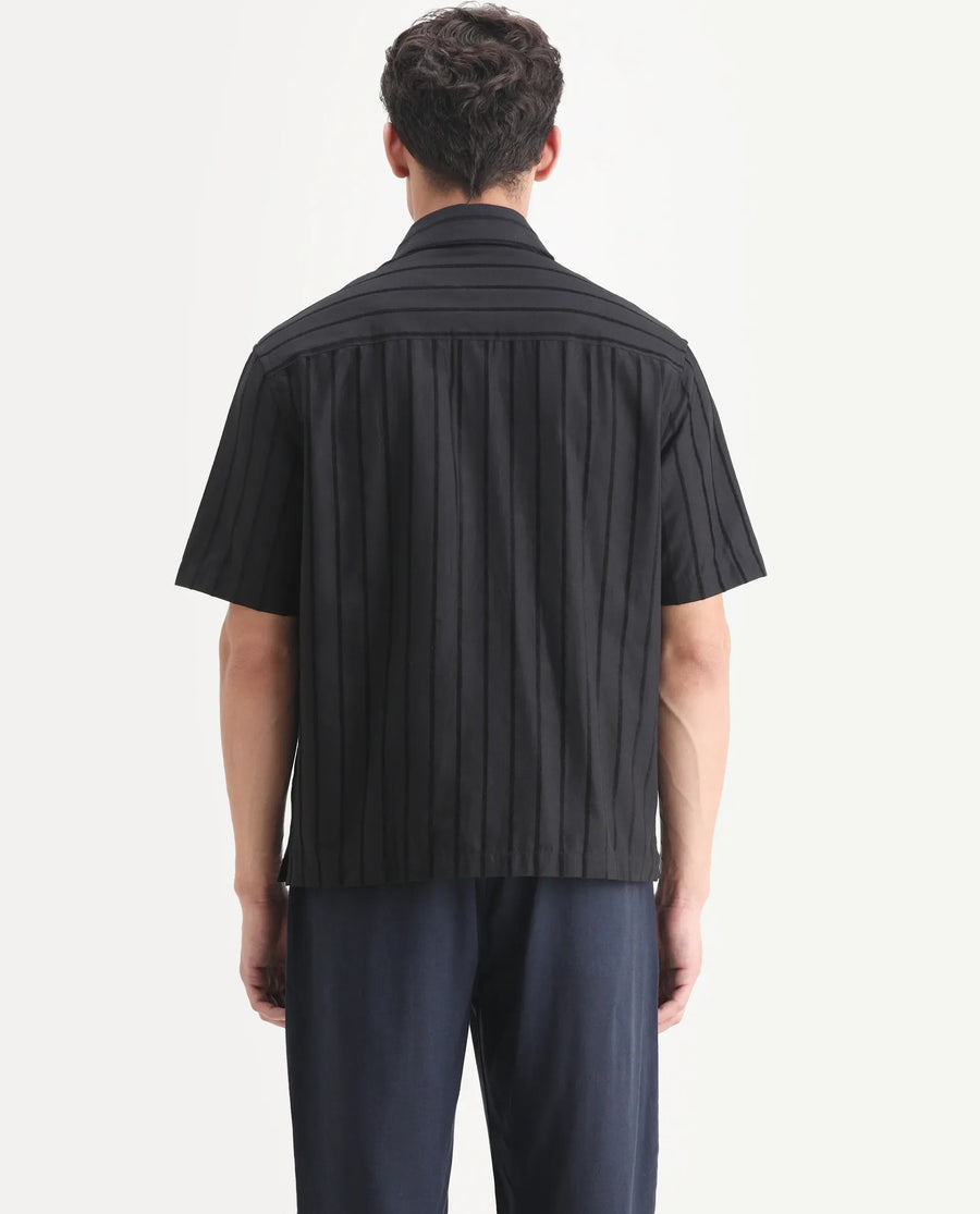 Rare Rabbit Men's Croy Black Polyester Striped Print Boxy Fit Half Sleeve Collared Shirt