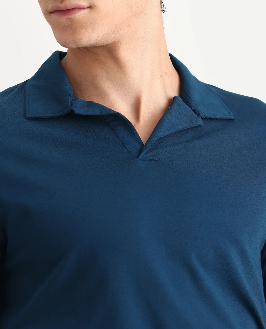 Rare Rabbit Men's Krib-1 Petrol Cotton Plain Regular Fit Half Sleeve Polo