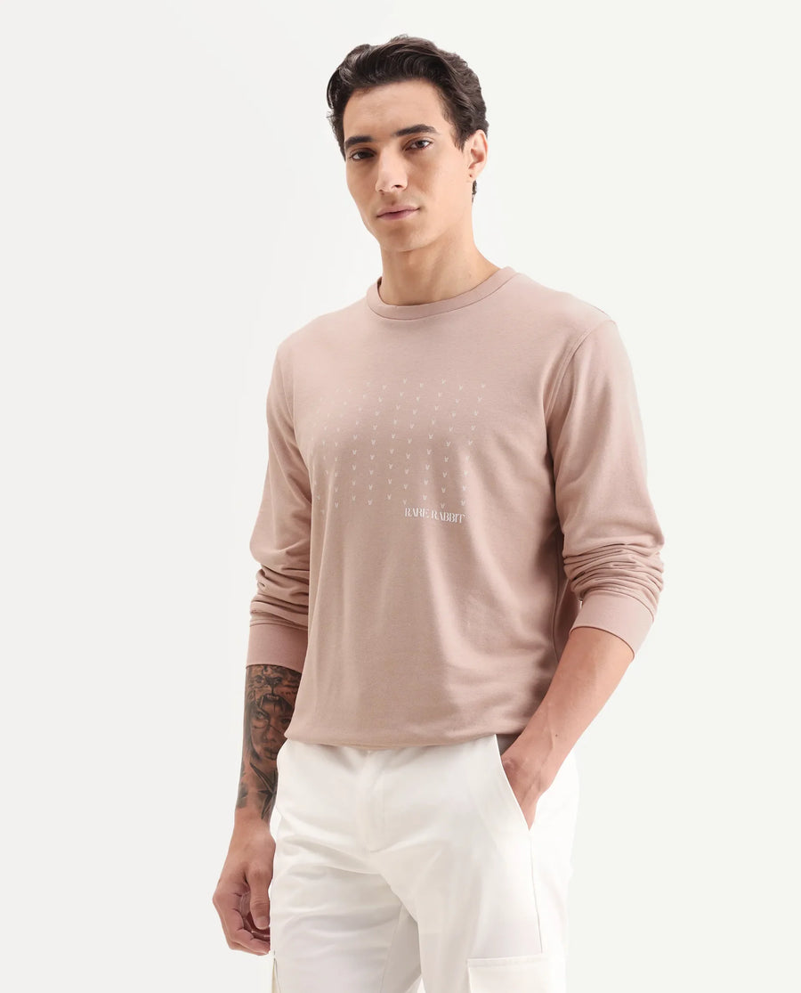 Rare Rabbit Men's Gale Beige Cotton Graphic Print Regular Fit Full Sleeve Crew Neck Sweatshirt