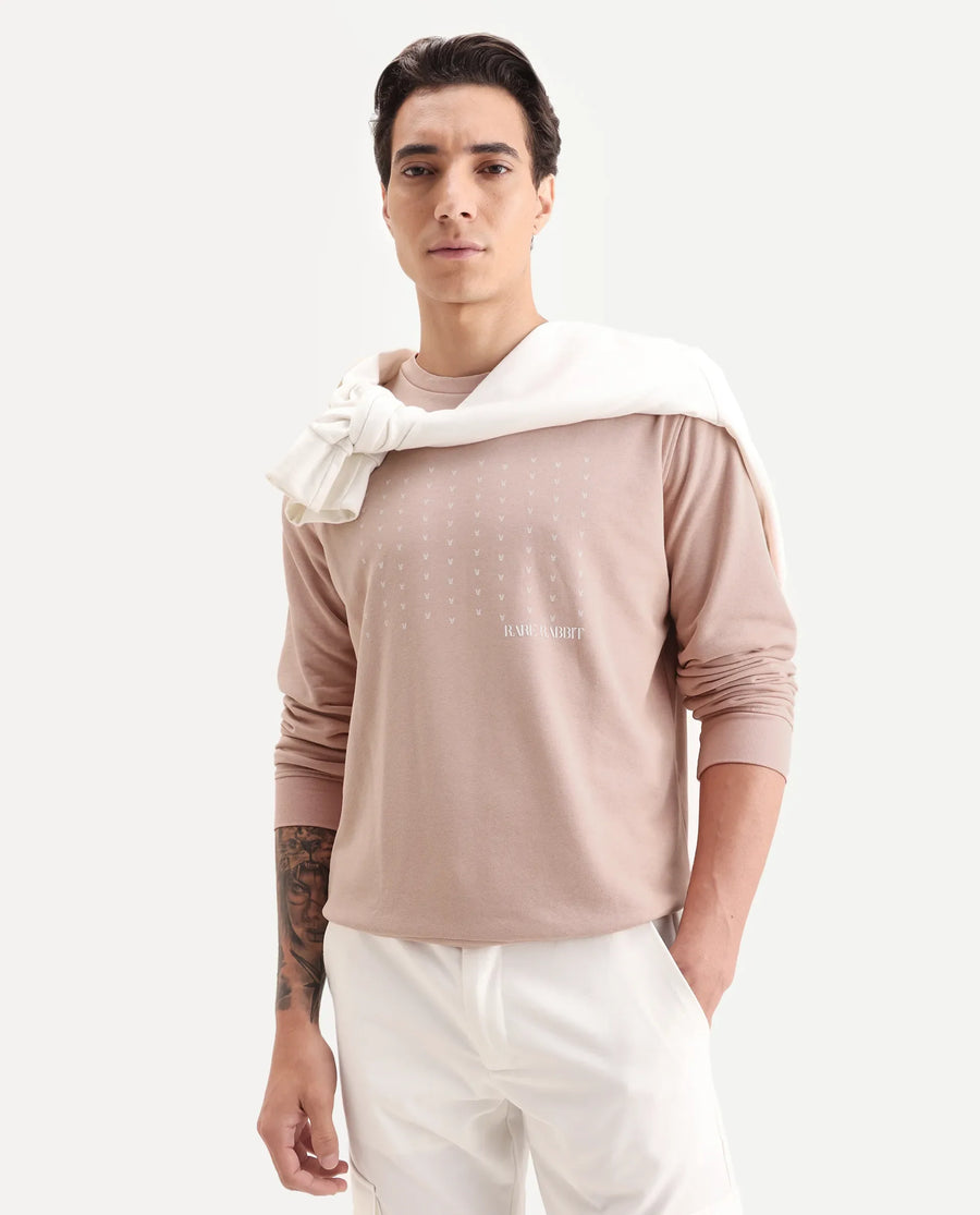 Rare Rabbit Men's Gale Beige Cotton Graphic Print Regular Fit Full Sleeve Crew Neck Sweatshirt