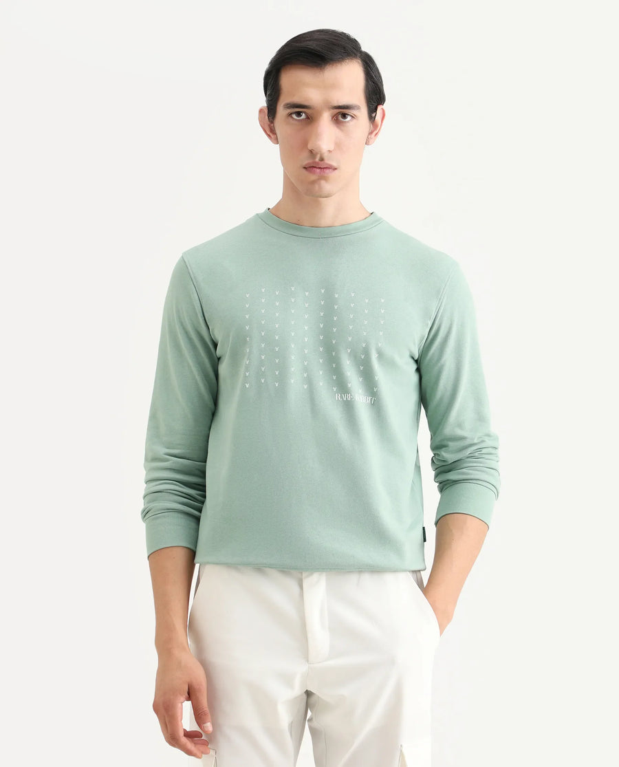 Rare Rabbit Men's Gale Green Cotton Graphic Print Regular Fit Full Sleeve Crew Neck Sweatshirt