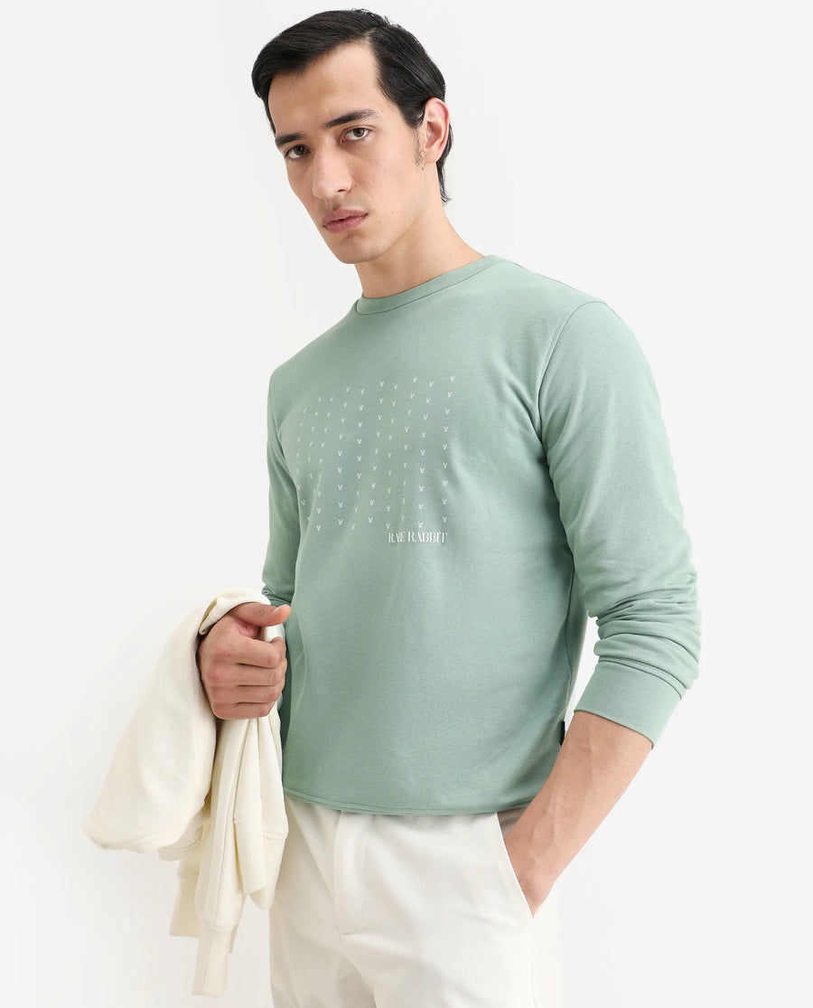 Rare Rabbit Men's Gale Green Cotton Graphic Print Regular Fit Full Sleeve Crew Neck Sweatshirt