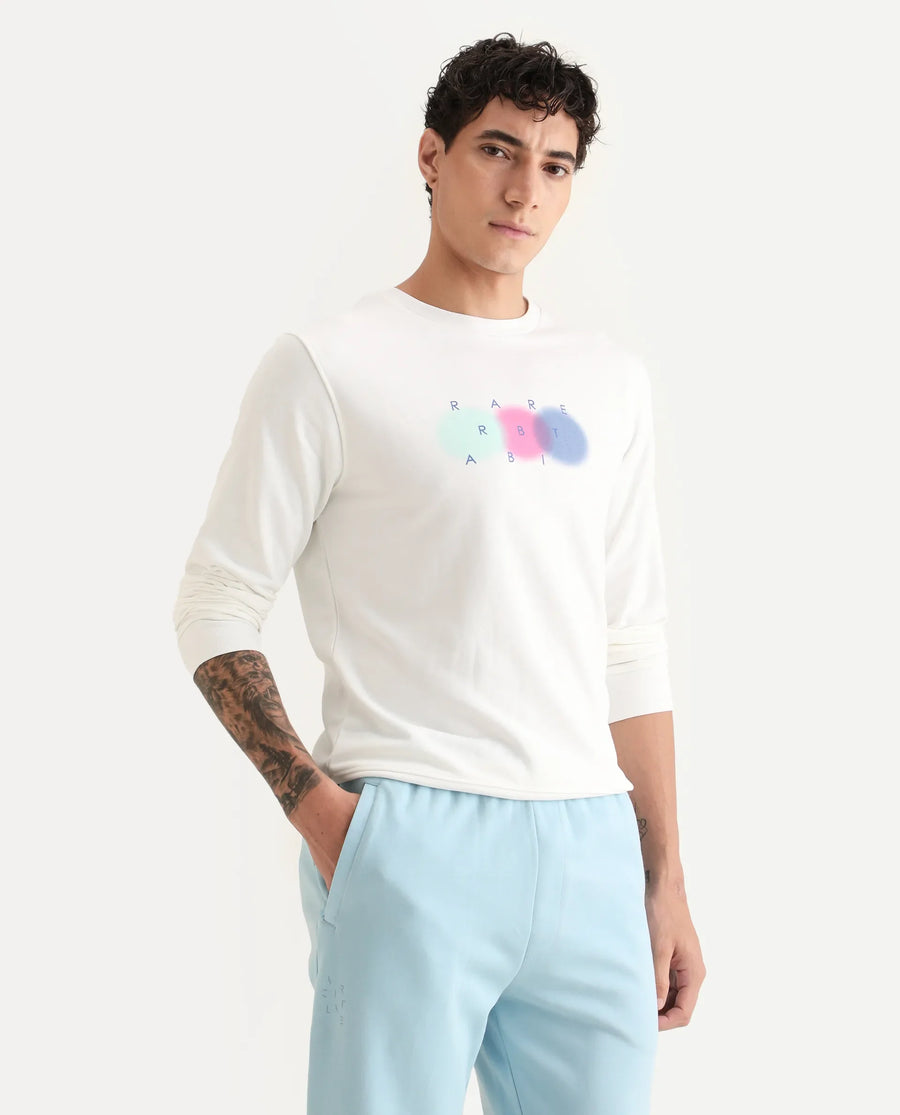 Rare Rabbit Men's Saul White Cotton Graphic Print Relaxed Fit Full Sleeve Crew Neck Sweatshirt