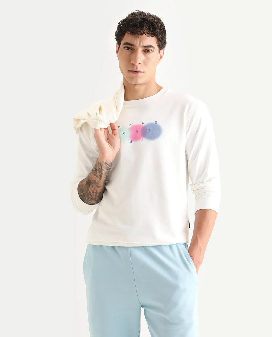 Rare Rabbit Men's Saul White Cotton Graphic Print Relaxed Fit Full Sleeve Crew Neck Sweatshirt