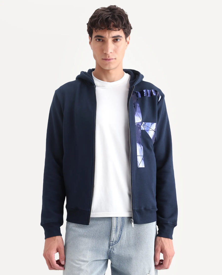 Rare Rabbit Men's Kaden Navy Cotton Graphic Print Regular Fit Full Sleeve Hooded Sweatshirt