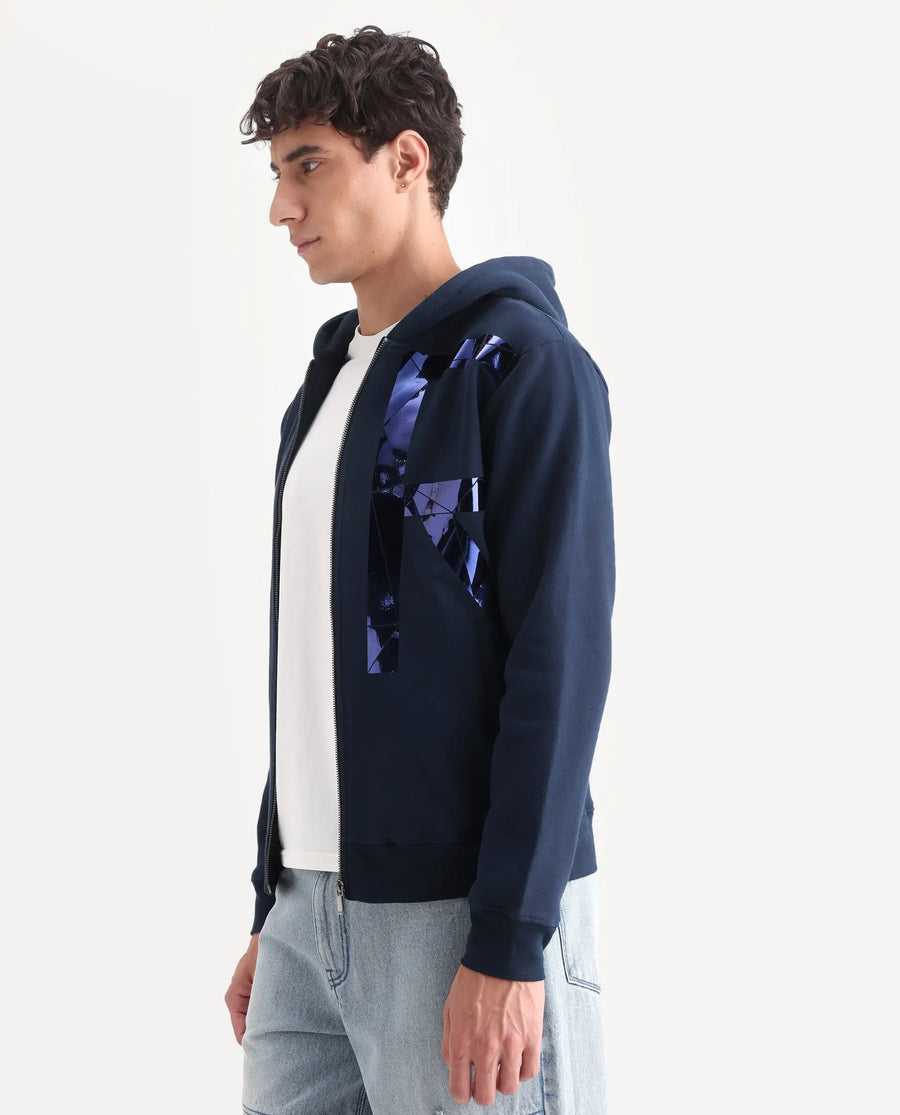 Rare Rabbit Men's Kaden Navy Cotton Graphic Print Regular Fit Full Sleeve Hooded Sweatshirt