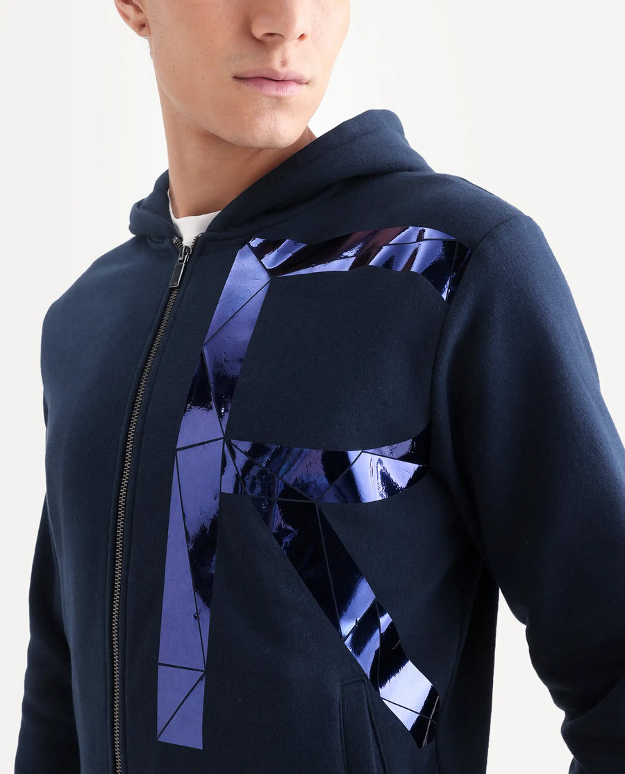 Rare Rabbit Men's Kaden Navy Cotton Graphic Print Regular Fit Full Sleeve Hooded Sweatshirt