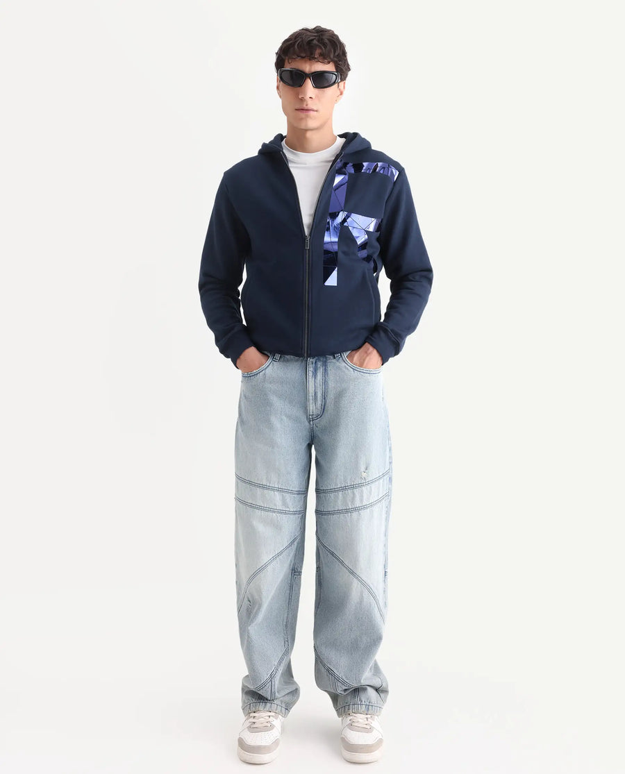 Rare Rabbit Men's Kaden Navy Cotton Graphic Print Regular Fit Full Sleeve Hooded Sweatshirt