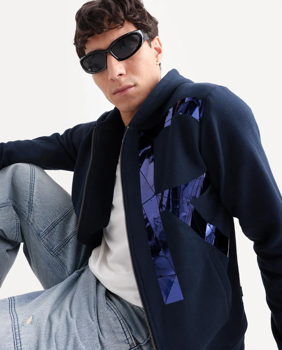 Rare Rabbit Men's Kaden Navy Cotton Graphic Print Regular Fit Full Sleeve Hooded Sweatshirt