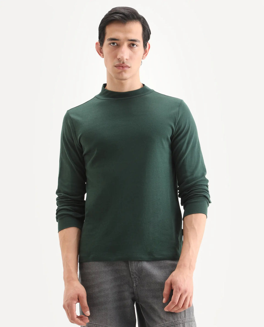 Rare Rabbit Men's Mania Green Cotton Plain Regular Fit Full Sleeve High Neck Sweatshirt