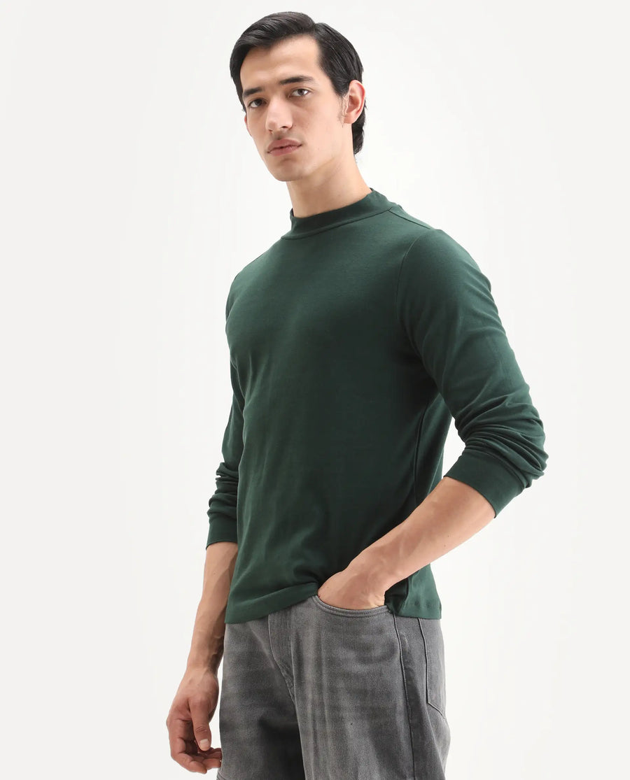 Rare Rabbit Men's Mania Green Cotton Plain Regular Fit Full Sleeve High Neck Sweatshirt