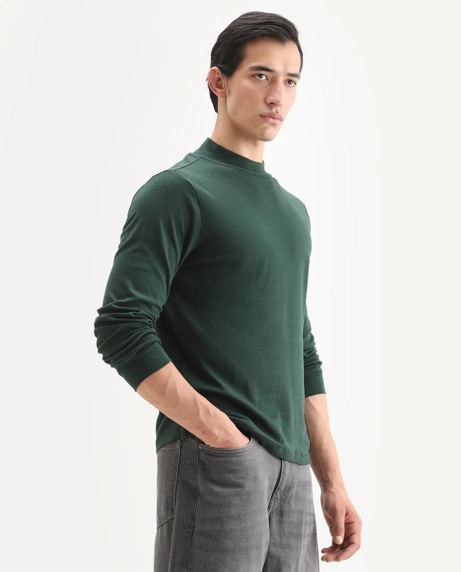 Rare Rabbit Men's Mania Green Cotton Plain Regular Fit Full Sleeve High Neck Sweatshirt