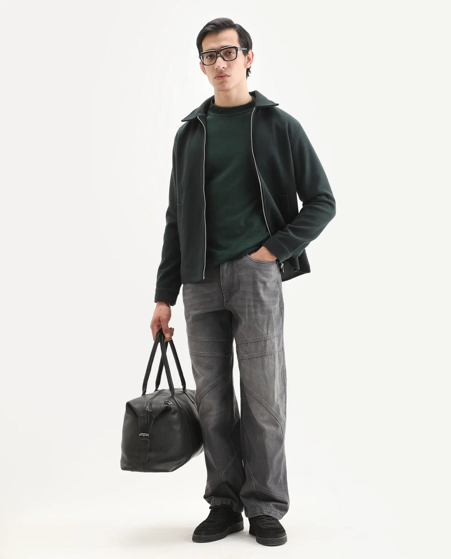 Rare Rabbit Men's Mania Green Cotton Plain Regular Fit Full Sleeve High Neck Sweatshirt