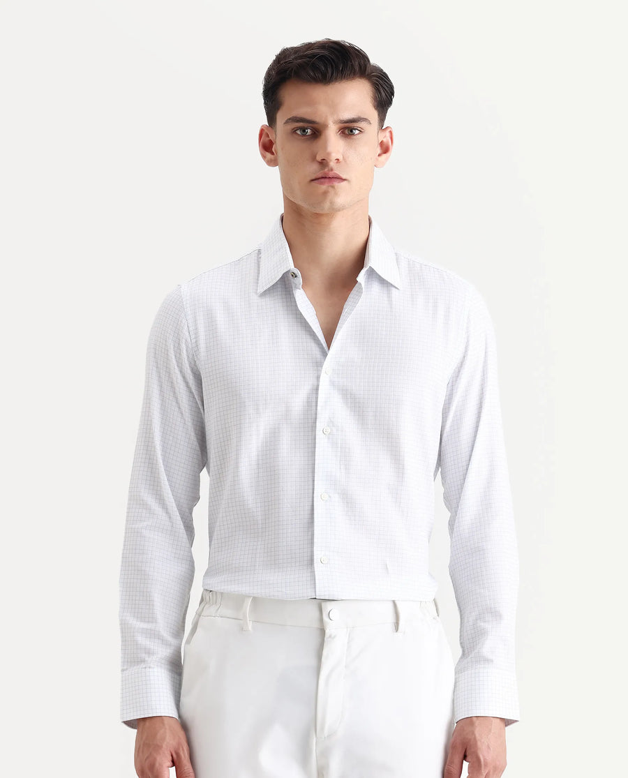 Rare Rabbit Men's Broad White Cotton Checked Print Regular Fit Full Sleeve Collared Shirt