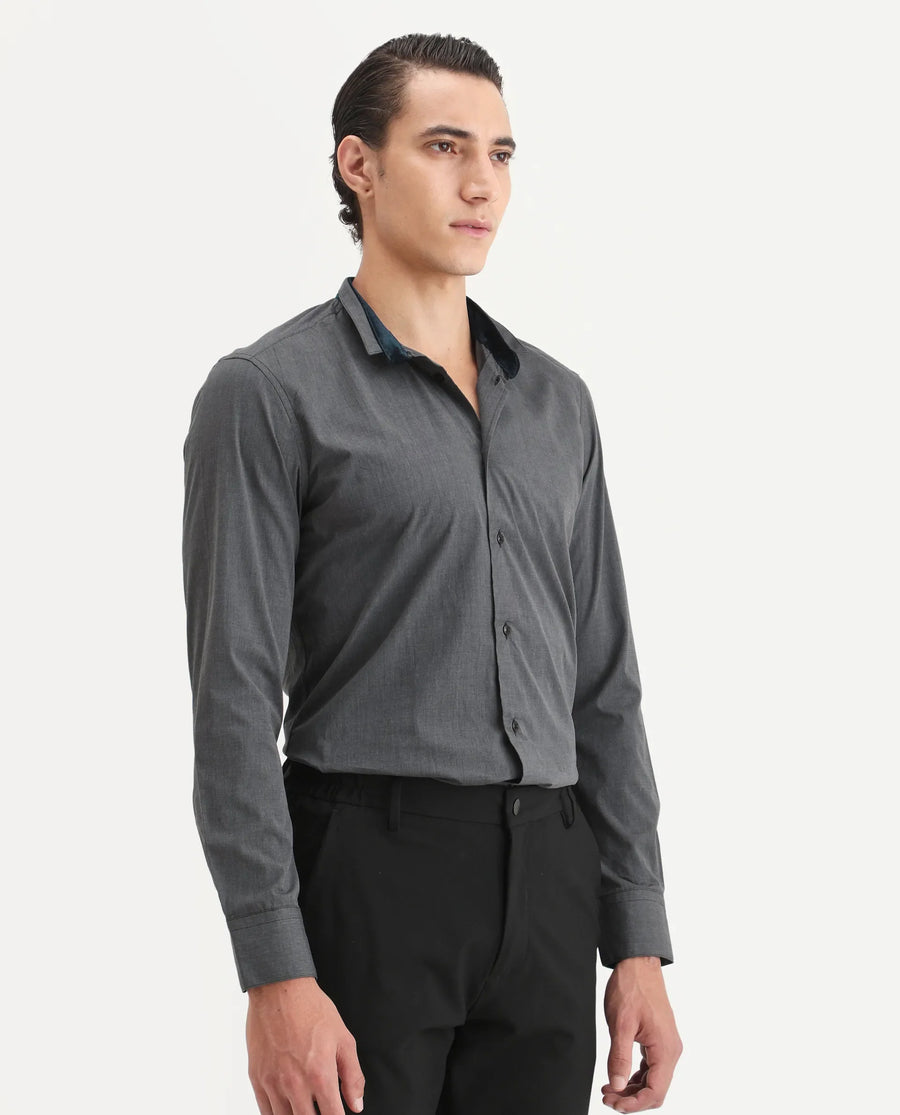 Rare Rabbit Men's Fritz Black Cotton Plain Regular Fit Full Sleeve Mandarin Collar Shirt