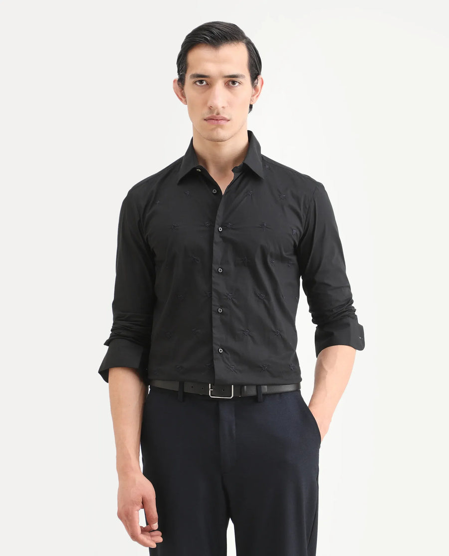 Rare Rabbit Men's Roser Black Cotton Embroidered Regular Fit Full Sleeve Collared Shirt