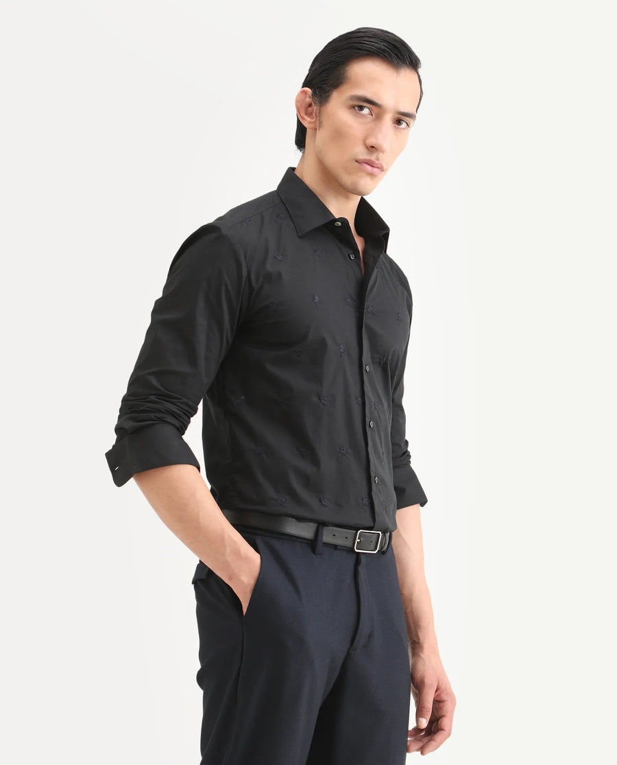 Rare Rabbit Men's Roser Black Cotton Embroidered Regular Fit Full Sleeve Collared Shirt