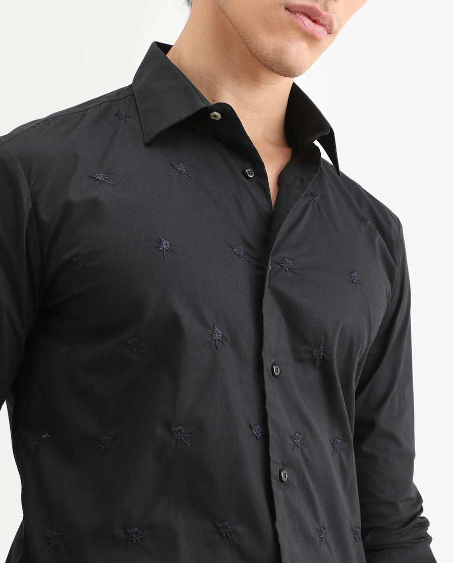 Rare Rabbit Men's Roser Black Cotton Embroidered Regular Fit Full Sleeve Collared Shirt
