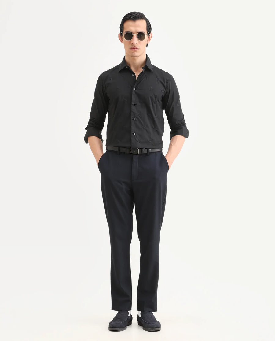 Rare Rabbit Men's Roser Black Cotton Embroidered Regular Fit Full Sleeve Collared Shirt