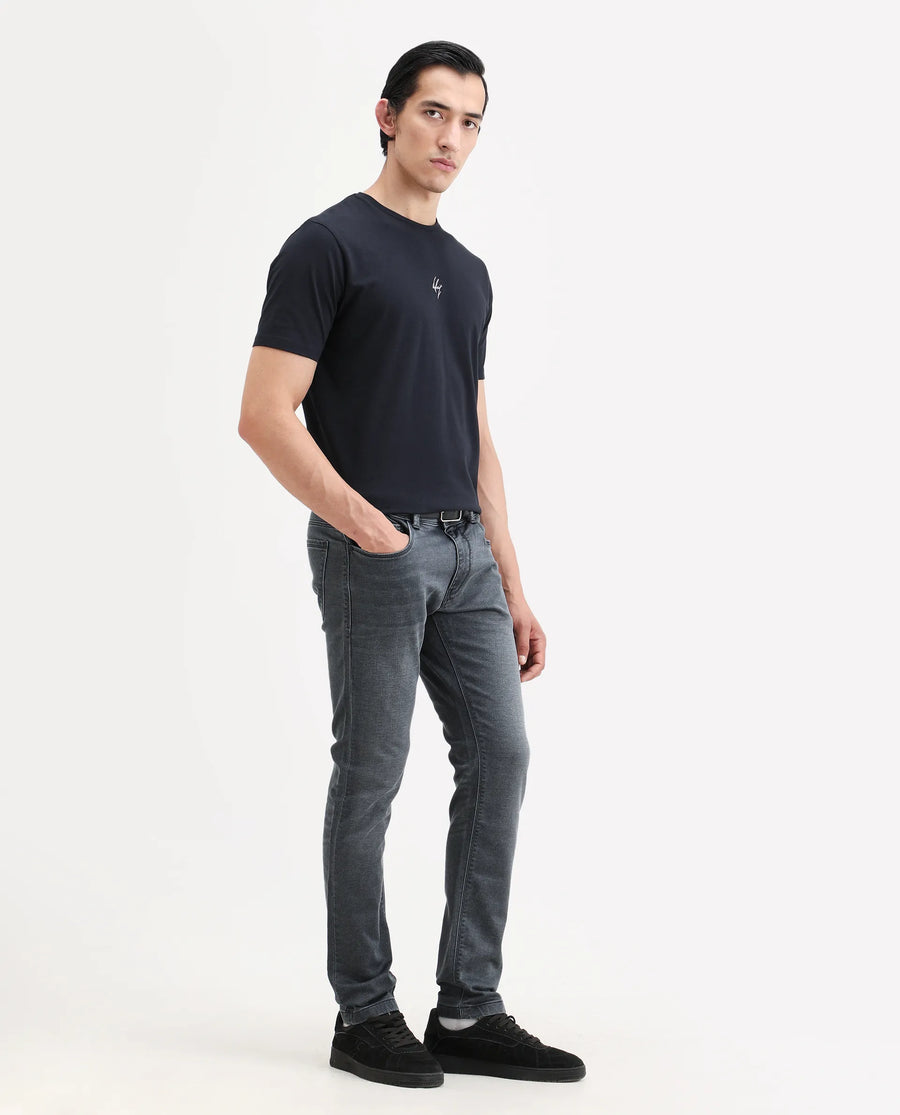 Rare Rabbit Men's Delft Dusky Blue Cotton Plain Hawk Slim Fit Jeans